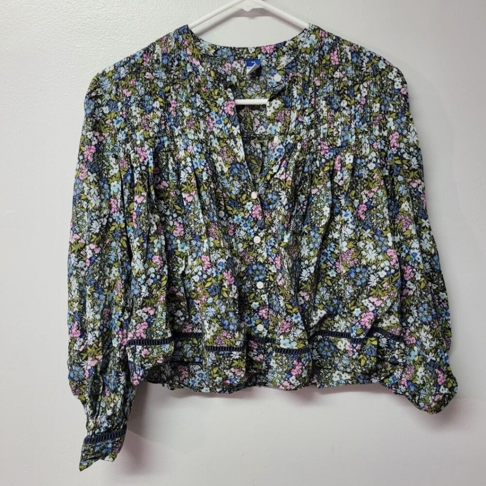 Old Navy Floral Blouse Shirt Top Peasant Tradwife Green Womens XS Button Down